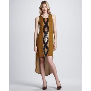 Haute Hippie High-Low Embellished Sequin 100% Silk Moss Colored Dress Size M